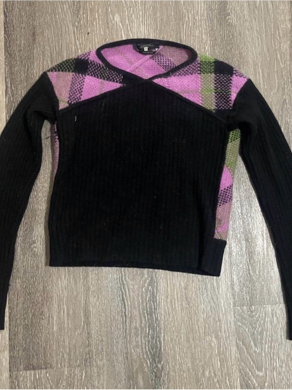 Weekend Max Mara Black V-Neck Sweater with Pink & Green Plaid Yoke